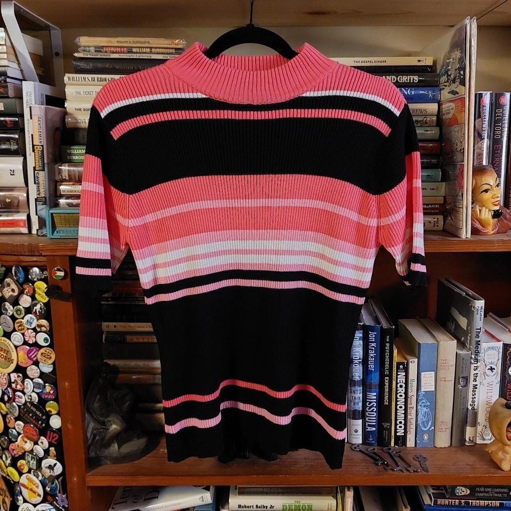 Vintage Worthington Essentials Pink Black Striped Short Sleeve Sweater Large 90s